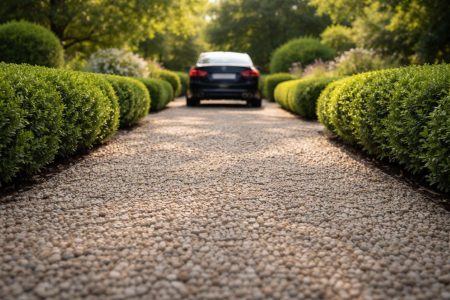 allee-gravier-arbustes-voiture