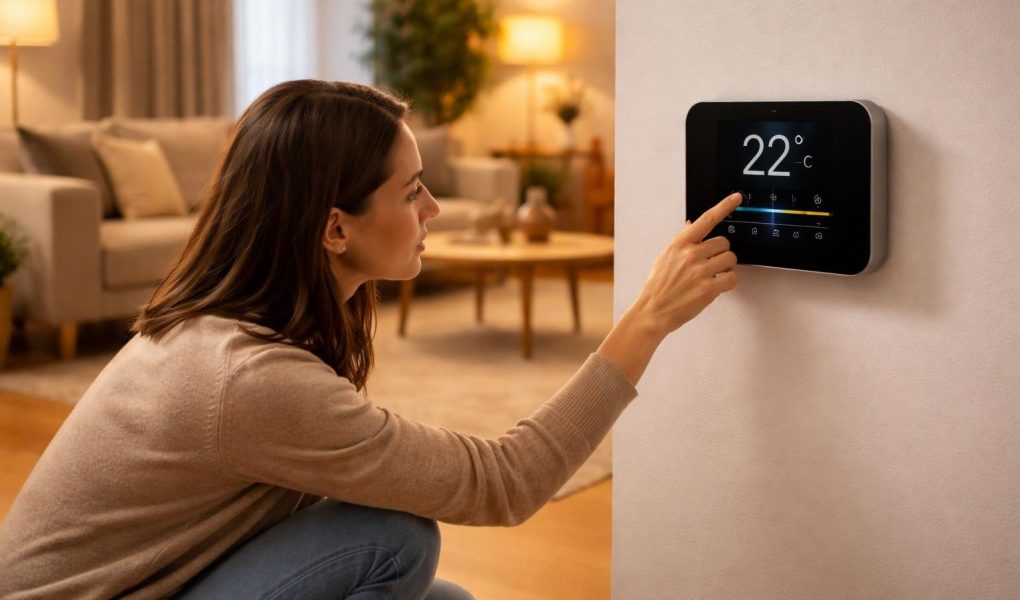 personne-thermostat-salon-moderne-sol-bois