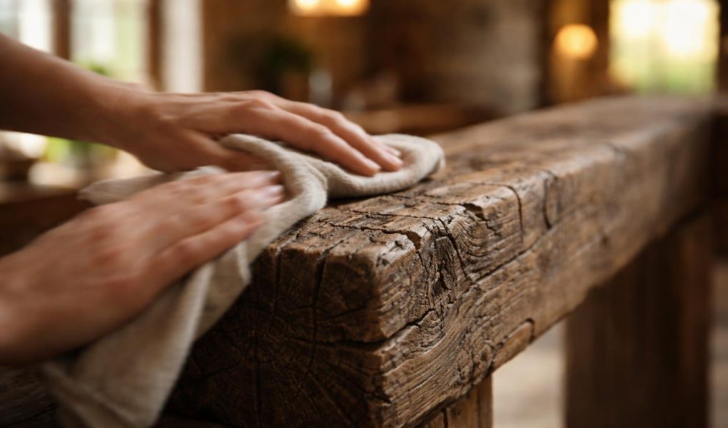 poutre-bois-mains-nettoyage-maison-chaleureuse