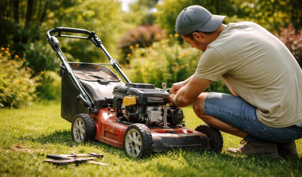 homme-bricolage-tondeuse-jardin-ensoleille